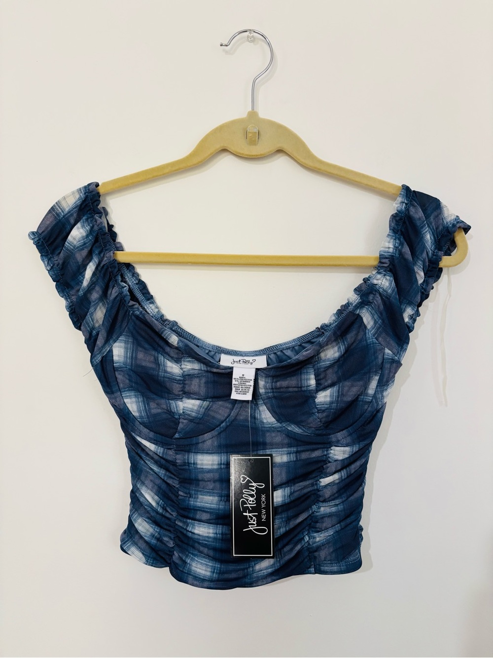 Just Polly Navy Plaid Ruched Crop Top